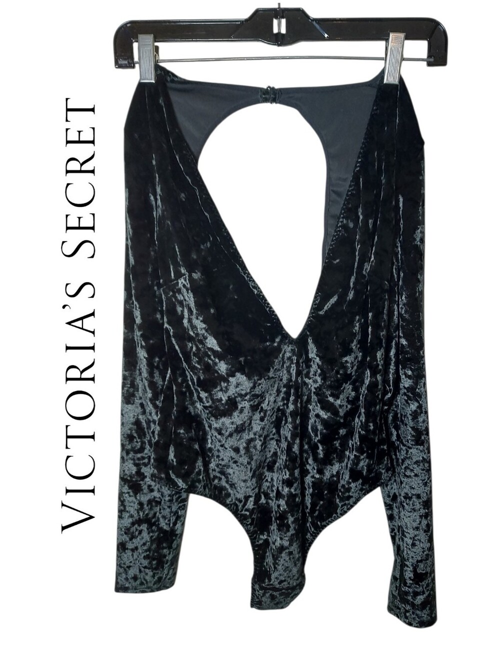 Victorias Secret  Plunging V Neck Black Crushed Velvet Velour Thong Bodysuit